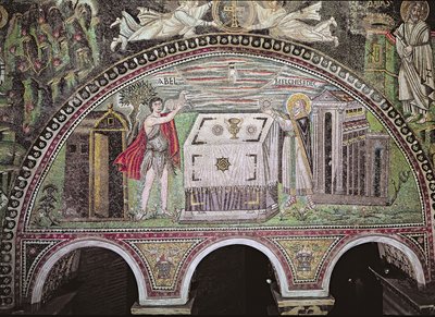 Abel opfert ein Lamm und Melchisedech opfert Brot am Altar, Lünette an der Südwand der Basilika von Byzantine School